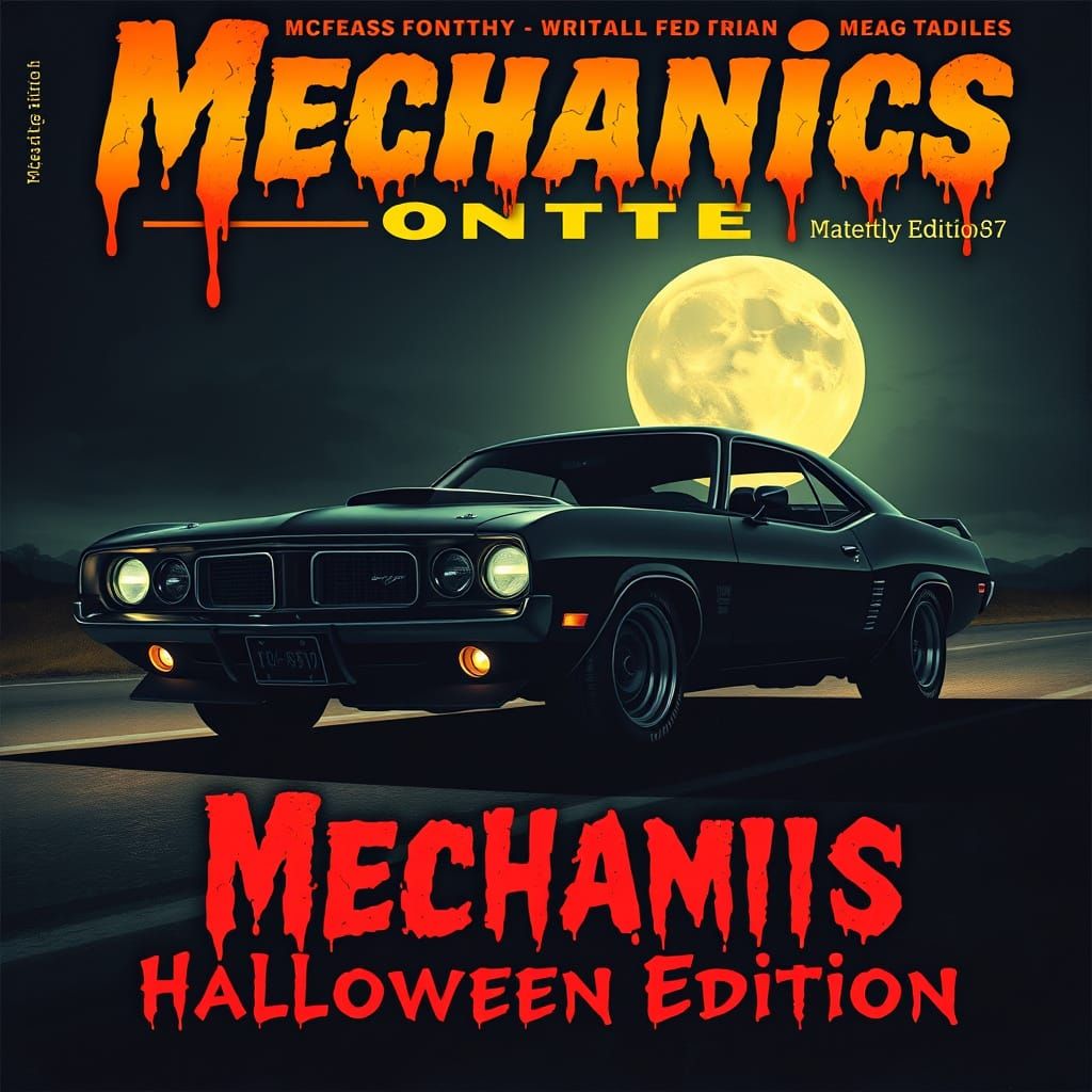 Halloween Mechanics Magazine Cover with Vintage Muscle Car