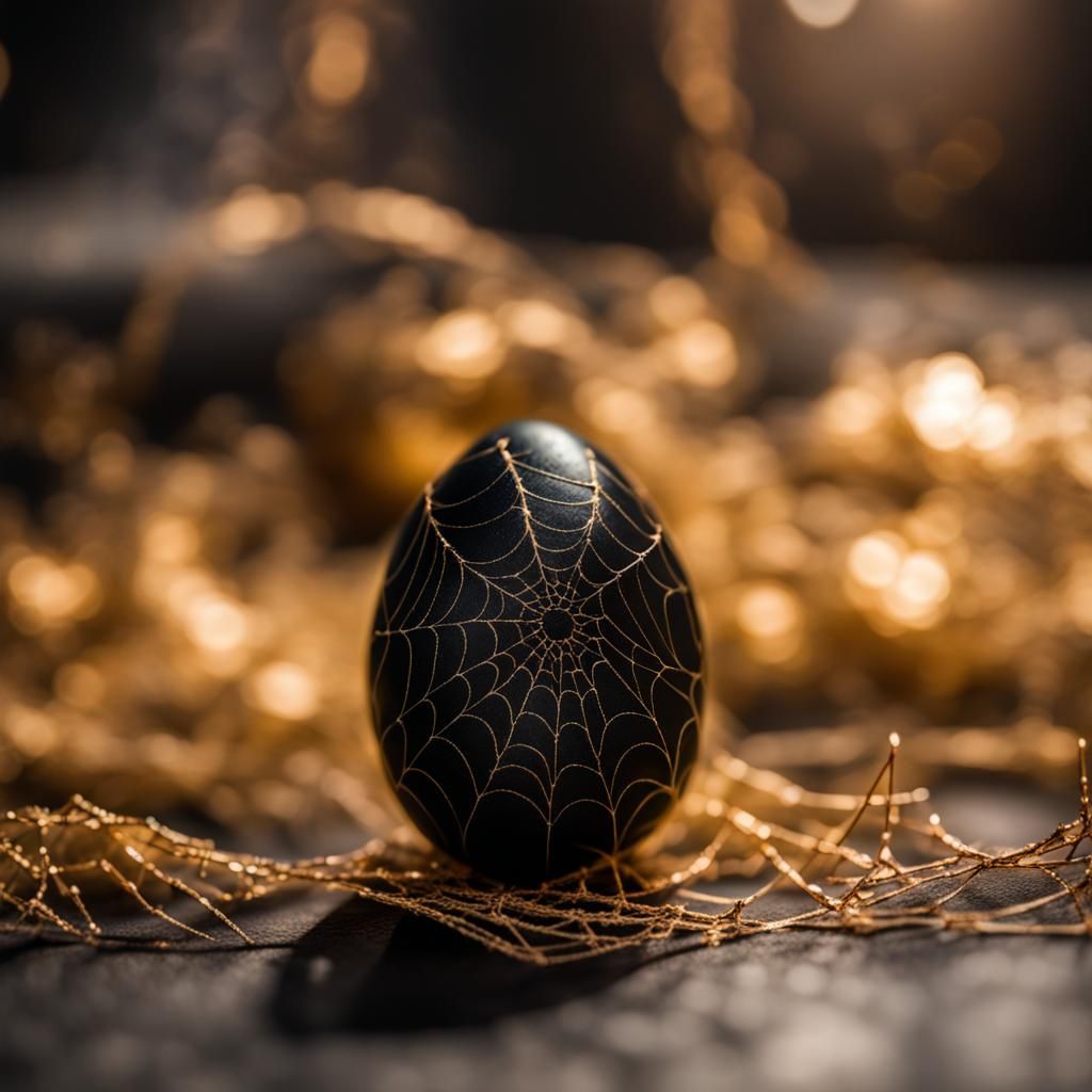 Gold Spiderwebs on Ebony Egg, Sharp Focus