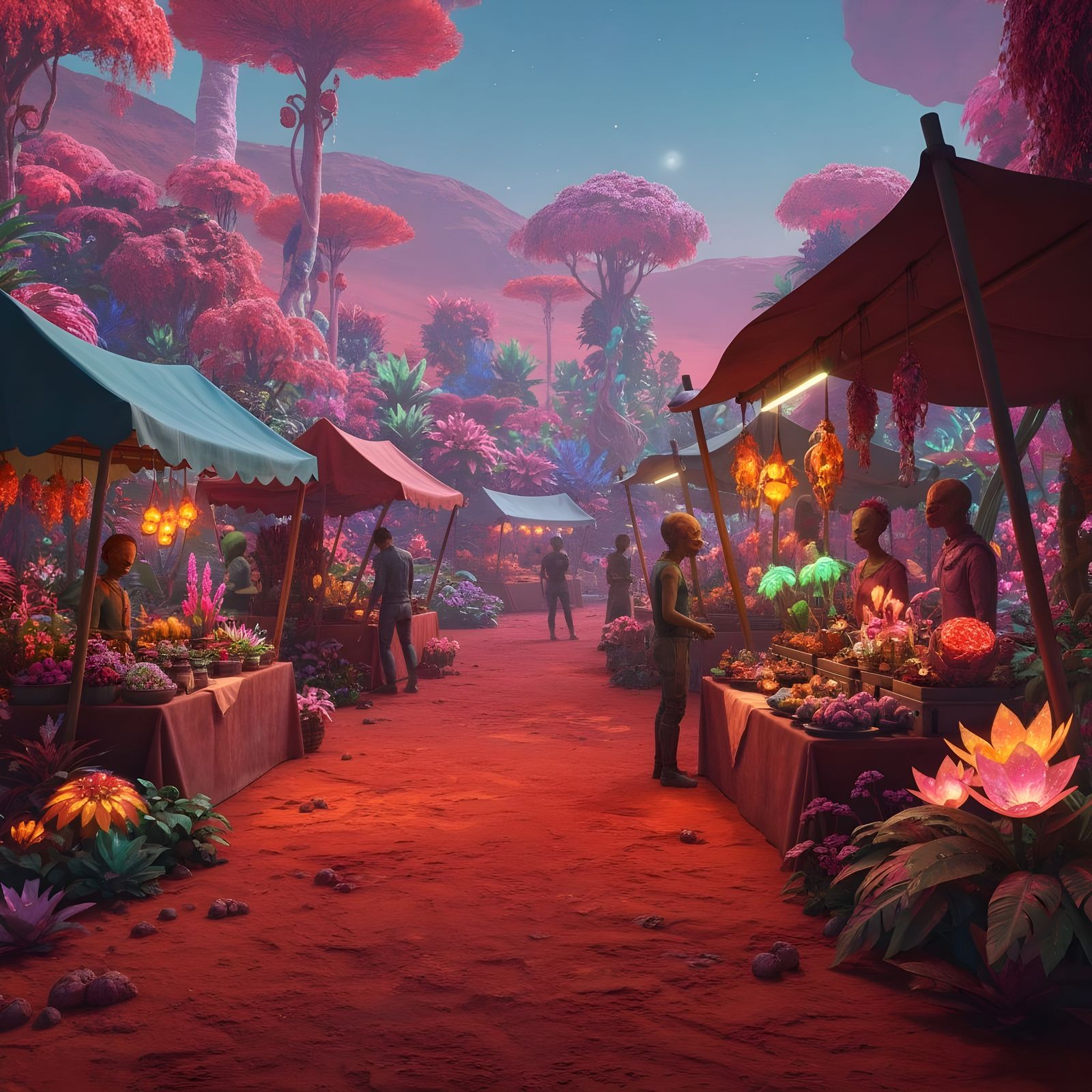 Exotic Open-Air Market on Mars with Alien Shoppers