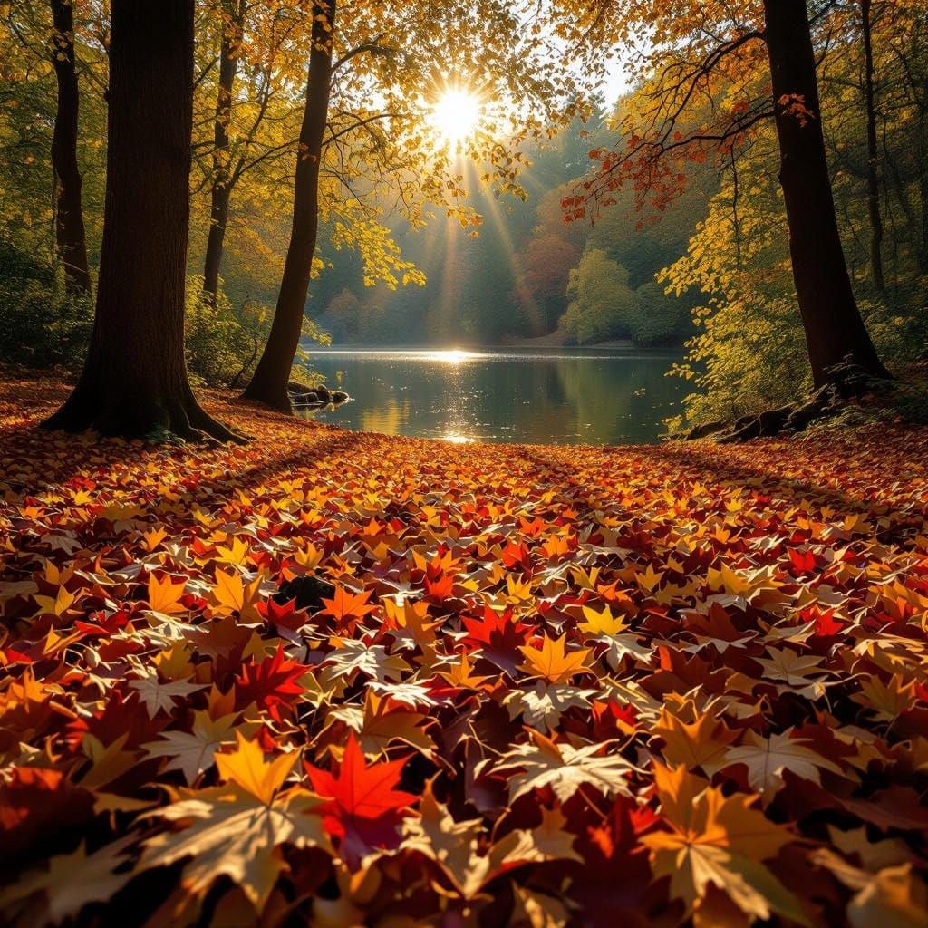 Vibrant Forest Floor in Golden Light with Serene Lake