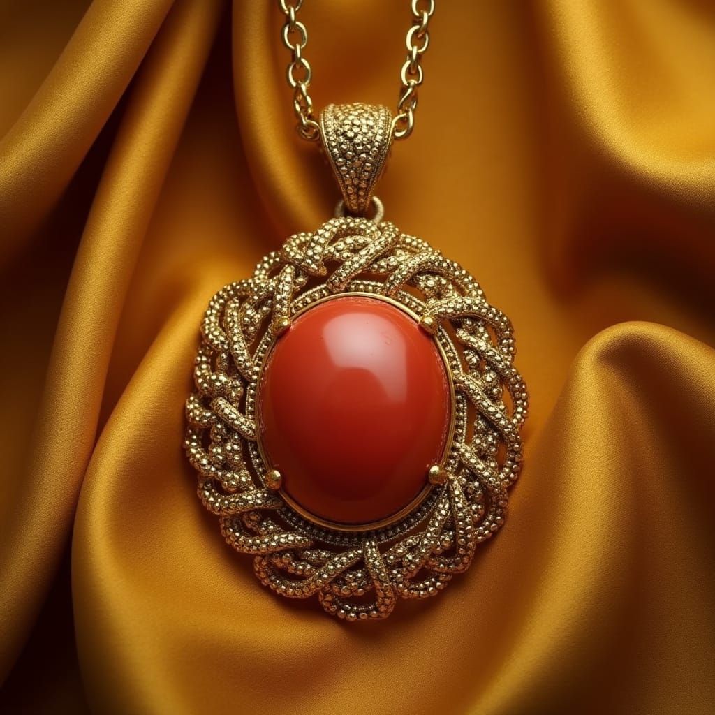 Ethereal Byzantine Gold Braid Pendant with Luminous Coral Ge...