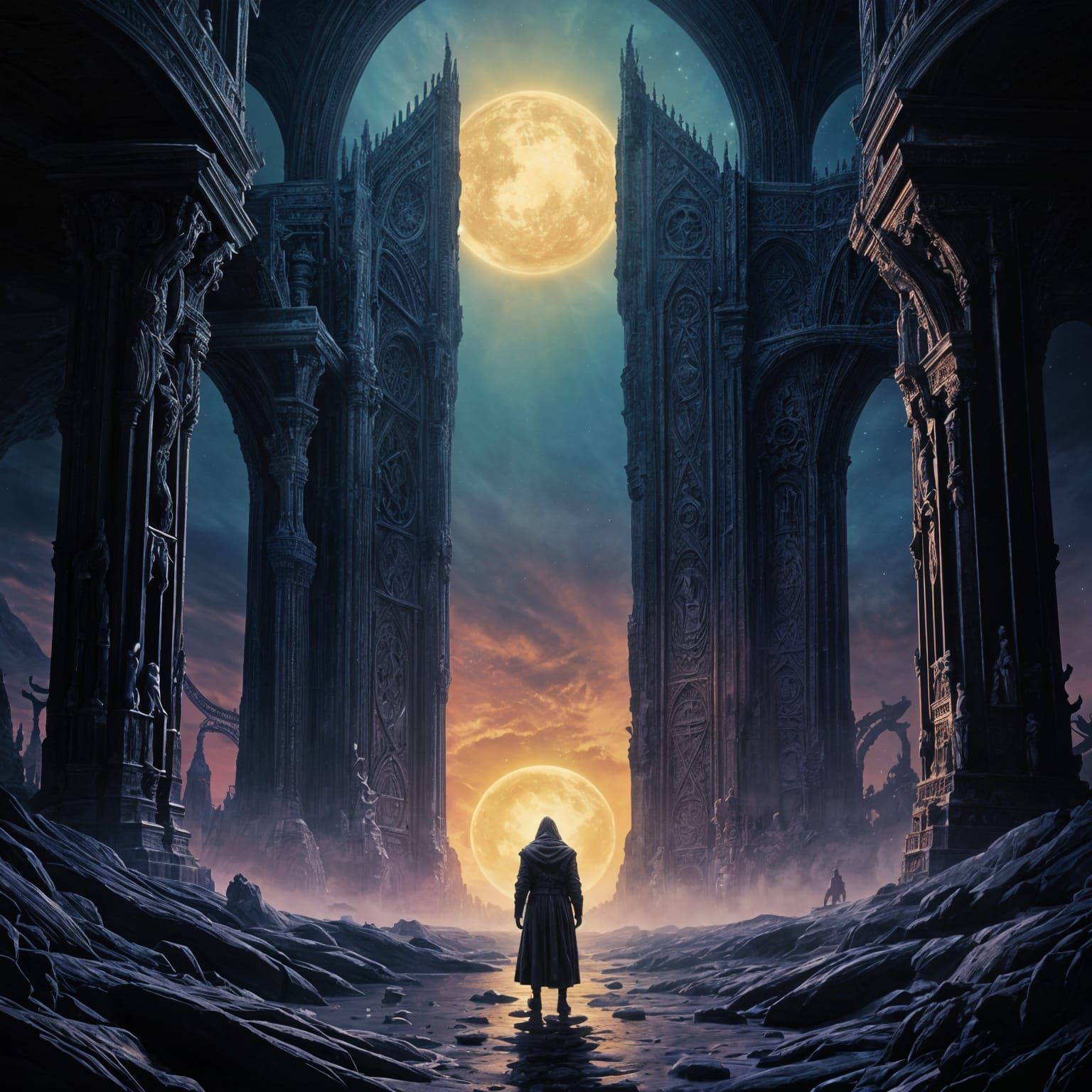 Otherworldly Gate with Lone Wanderer in Digital Art Style