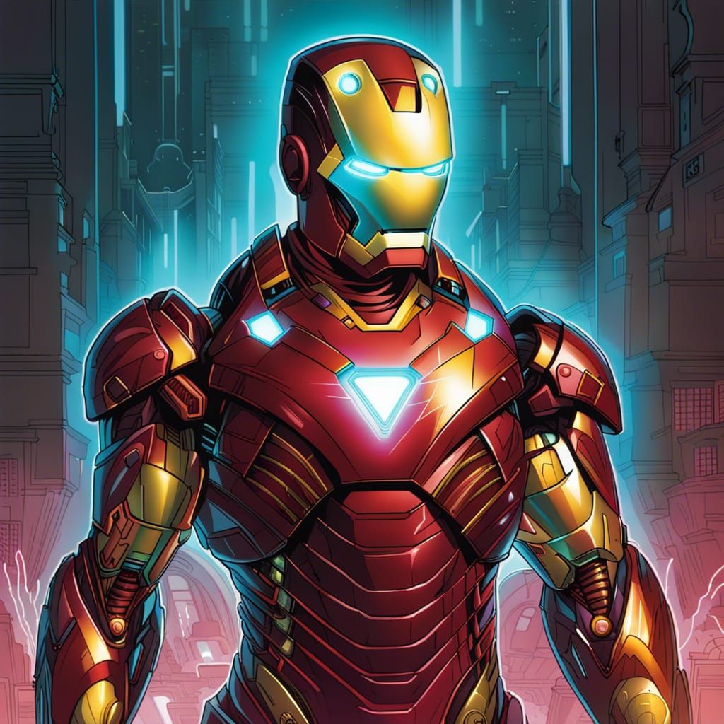 Futuristic Neon Iron Man in Comic Book Art