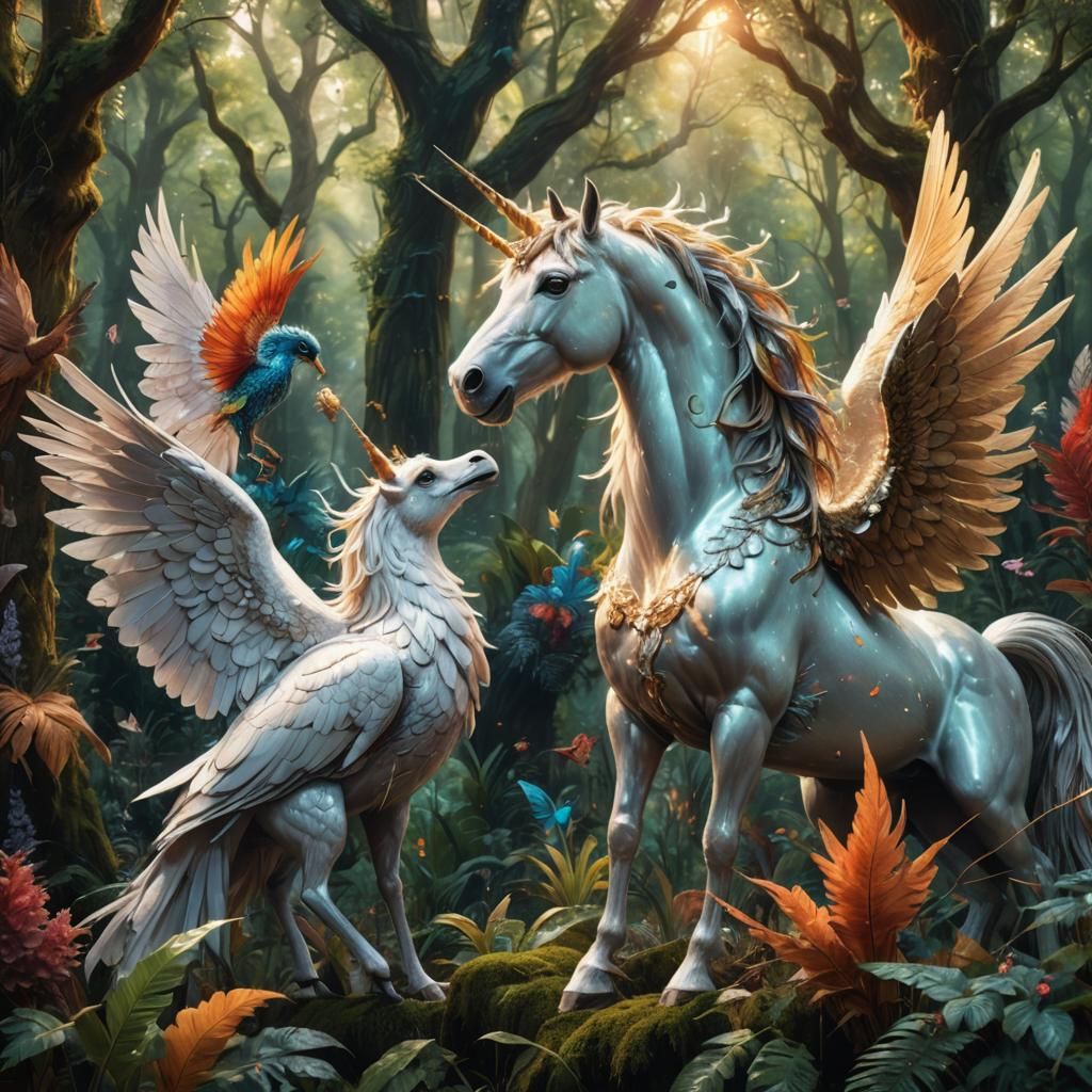 Unicorn and Harpy in Forest, Hyperrealistic Splash Art