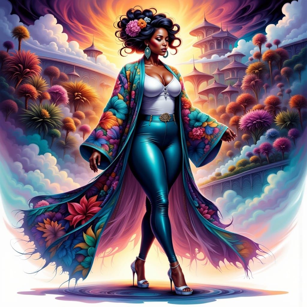 Stylized Cartoon of Confident Black Woman in Floral Kimono