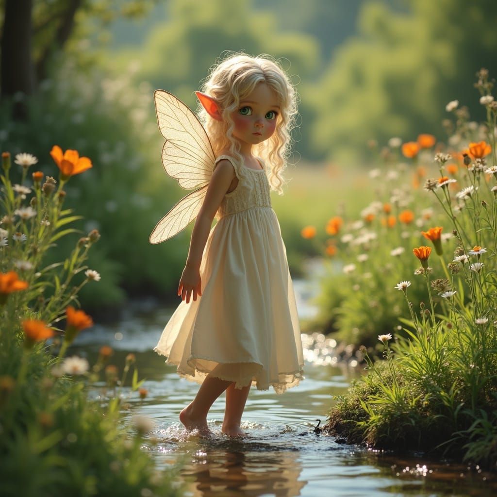 Hyper-Realistic Elf Wanders by Stream in Summer