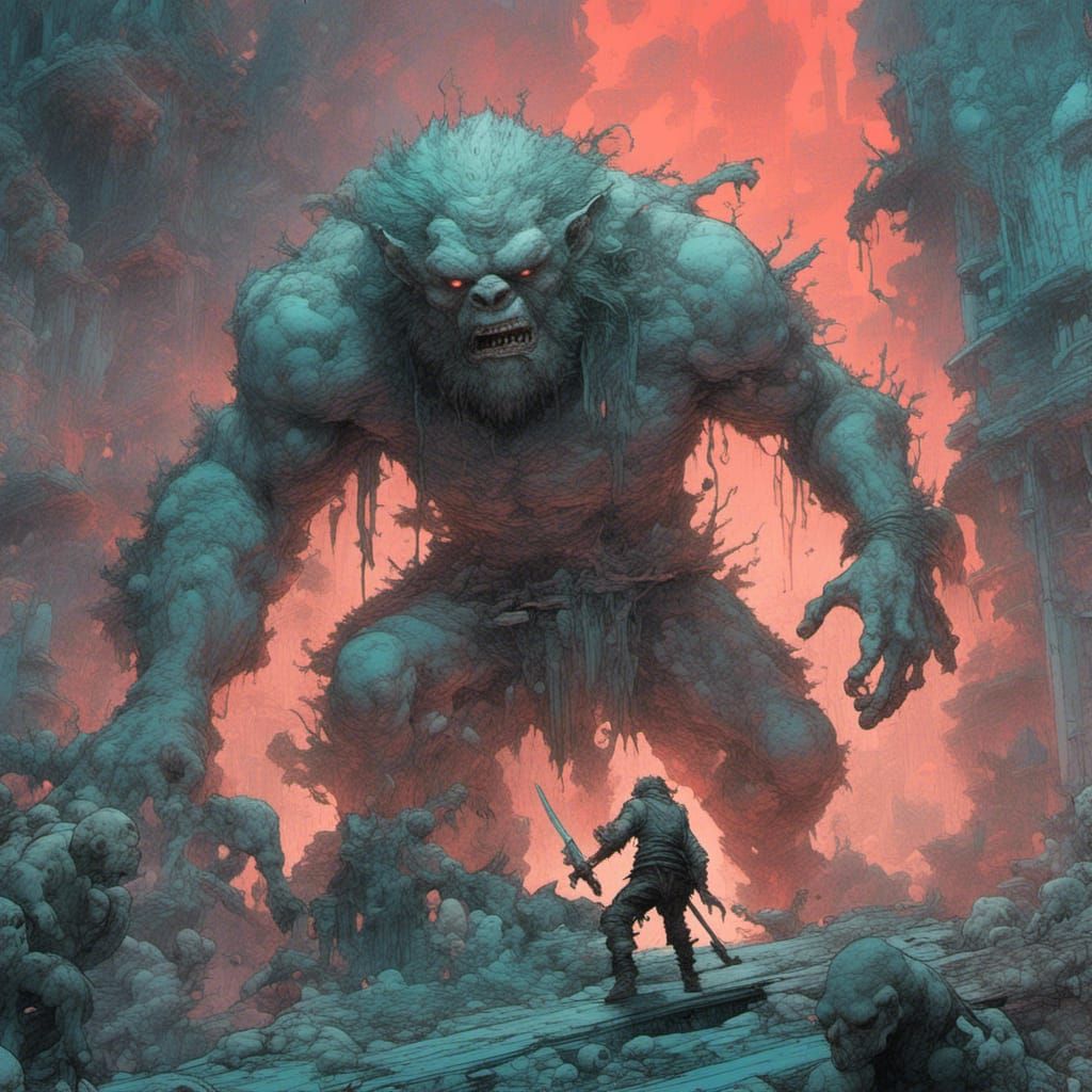 Hunter Battles Troll in Ruined Castle: Digital Art