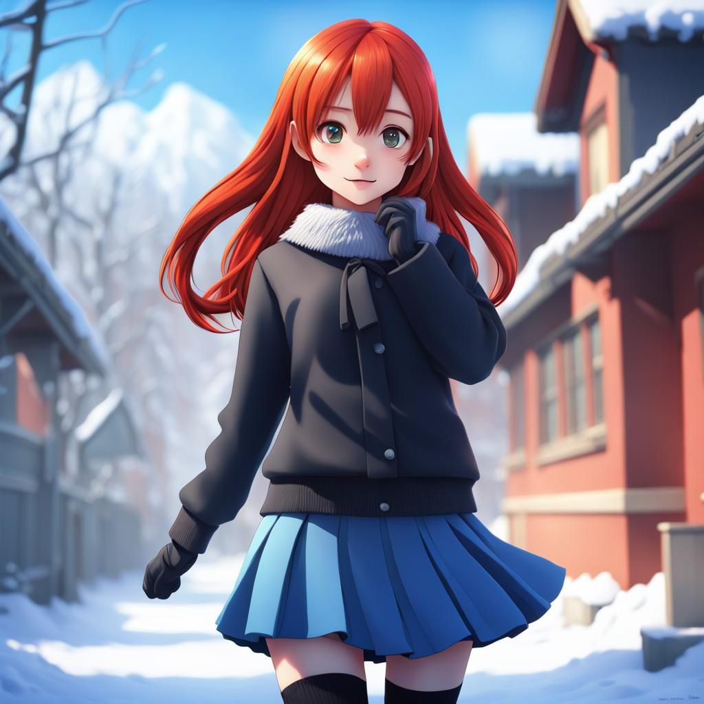 Anime Girl in Winter Clothes with Red Hair