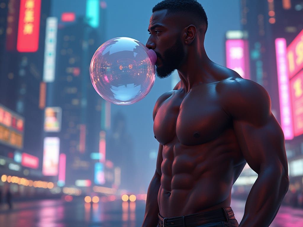 Futuristic Noir Athlete Blows Glowing Gum Bubble in Neon Met...