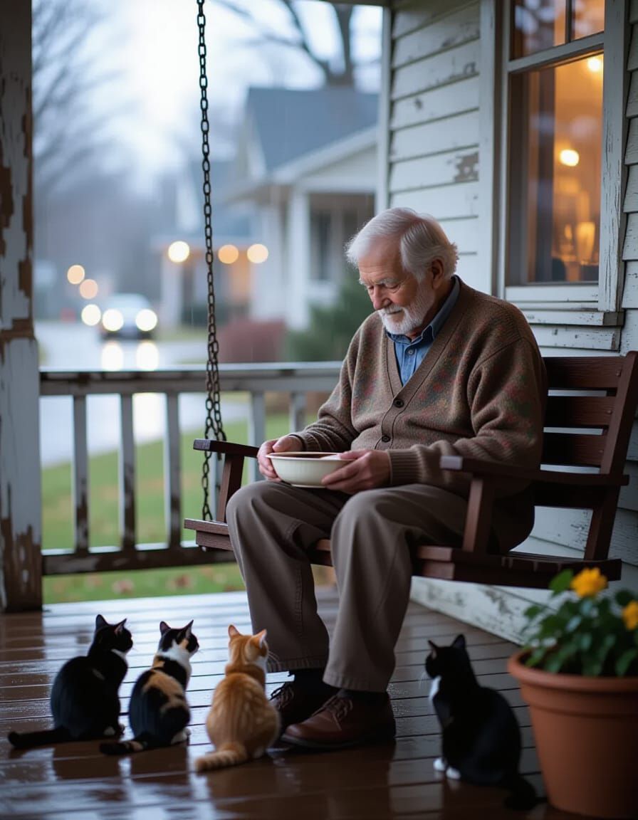 Elderly Man Feeds Stray Cats on Rainy Porch, Emotional Reali...