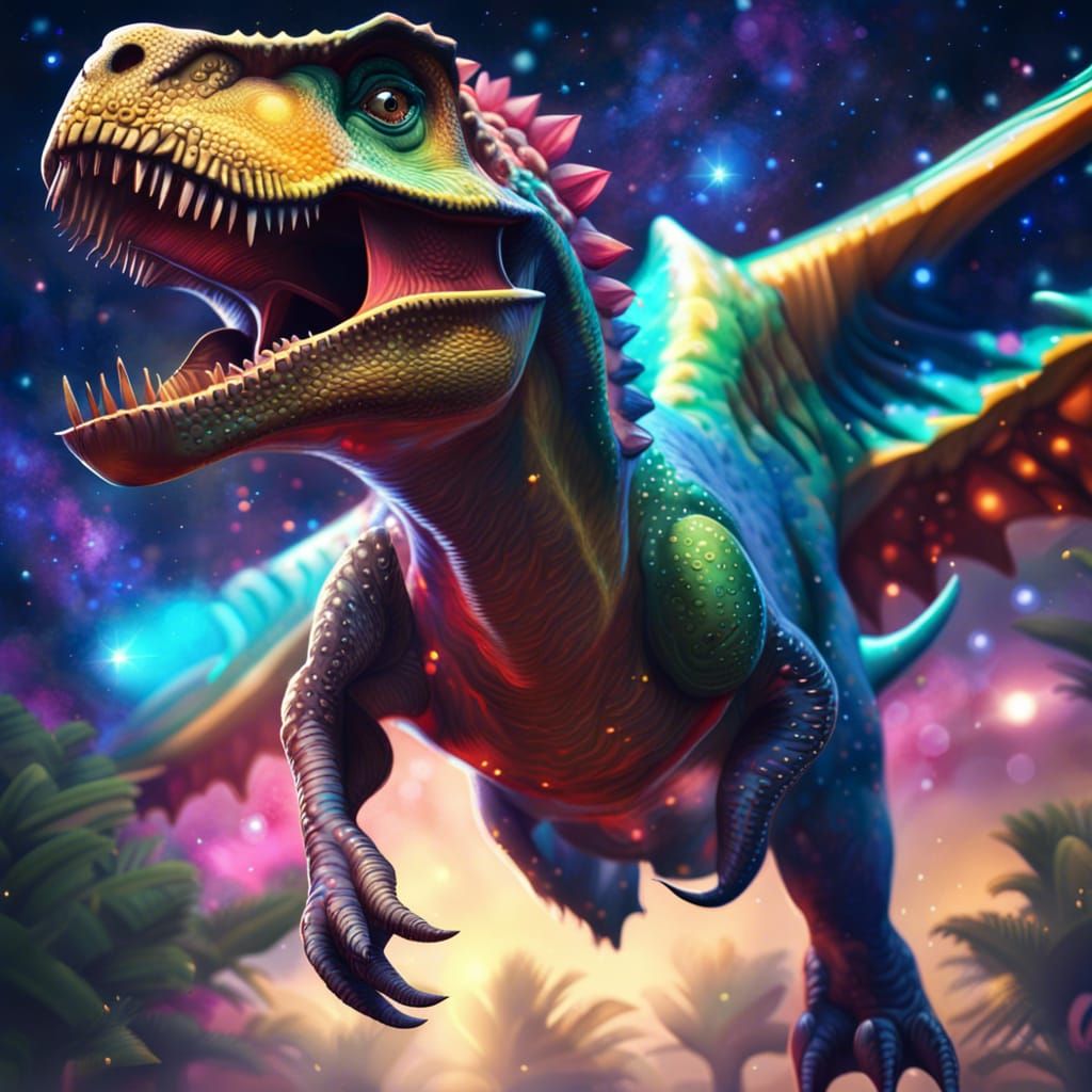 Dinosaur Soaring Among Shiny Stars in Splash Art