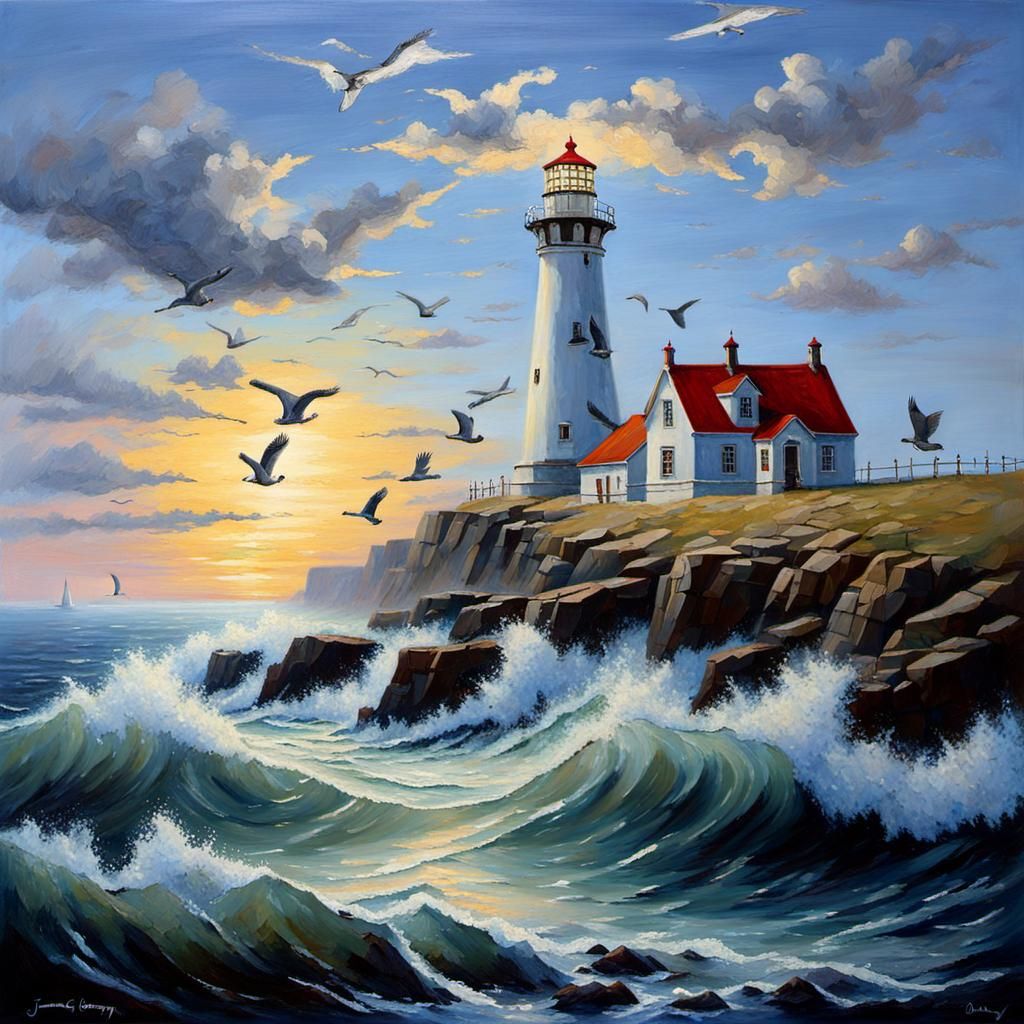 Mystical Lighthouse Beacon in Oil Painting Style