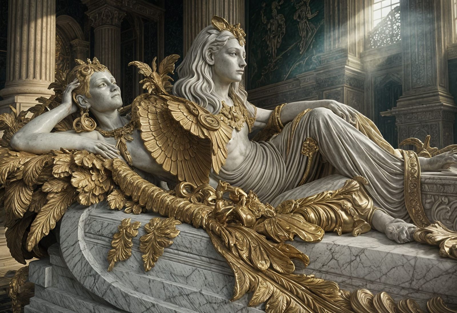Reclining Sphinx in Baroque Dark Fantasy Style