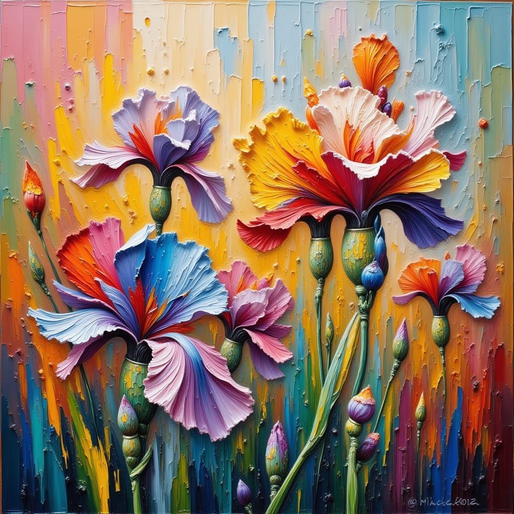 Abstract Iris Oil Painting with Thick Strokes