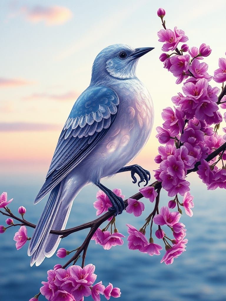 Chinoiserie Crystal Sparrow Embroidery on Lilac Branch