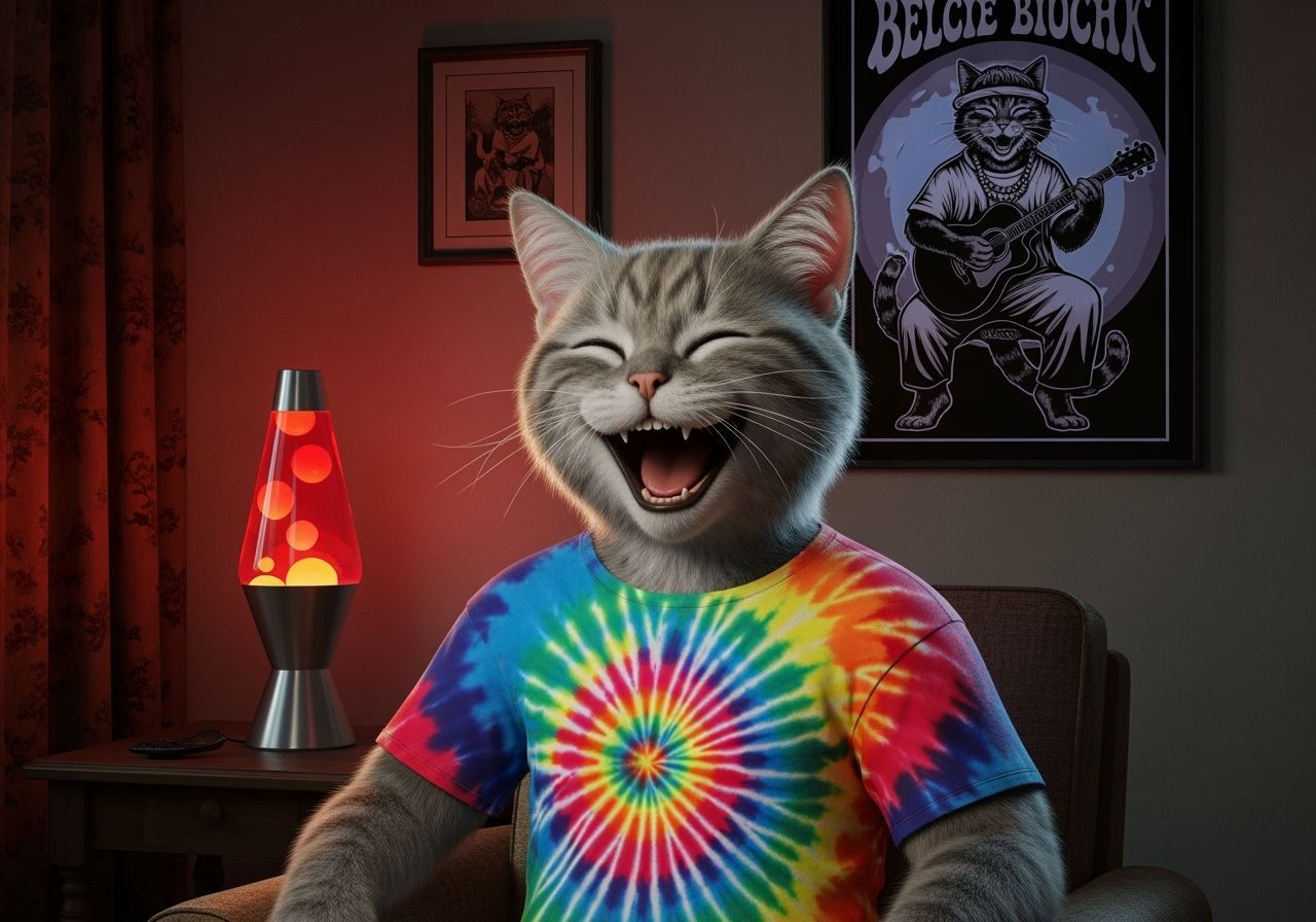 Psychedelic Cat in 1970s Living Room