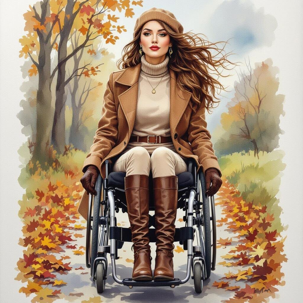 Autumnal Woman in Wheelchair: Watercolor Painting