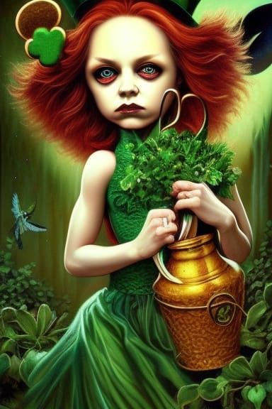 Creepy Doll-like Leprechaun Girl in Gothic Style