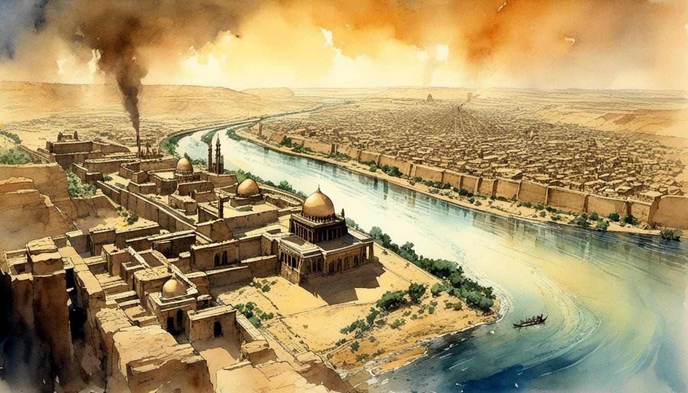 Epic Rivers of Babylon Watercolor Masterpiece
