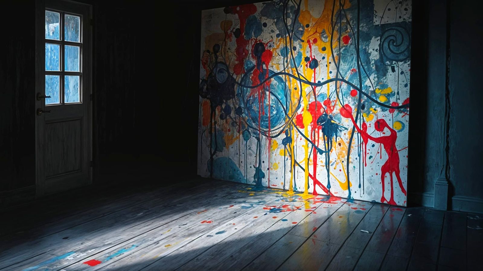 Moody Studio Scene with Dripping Abstract Painting