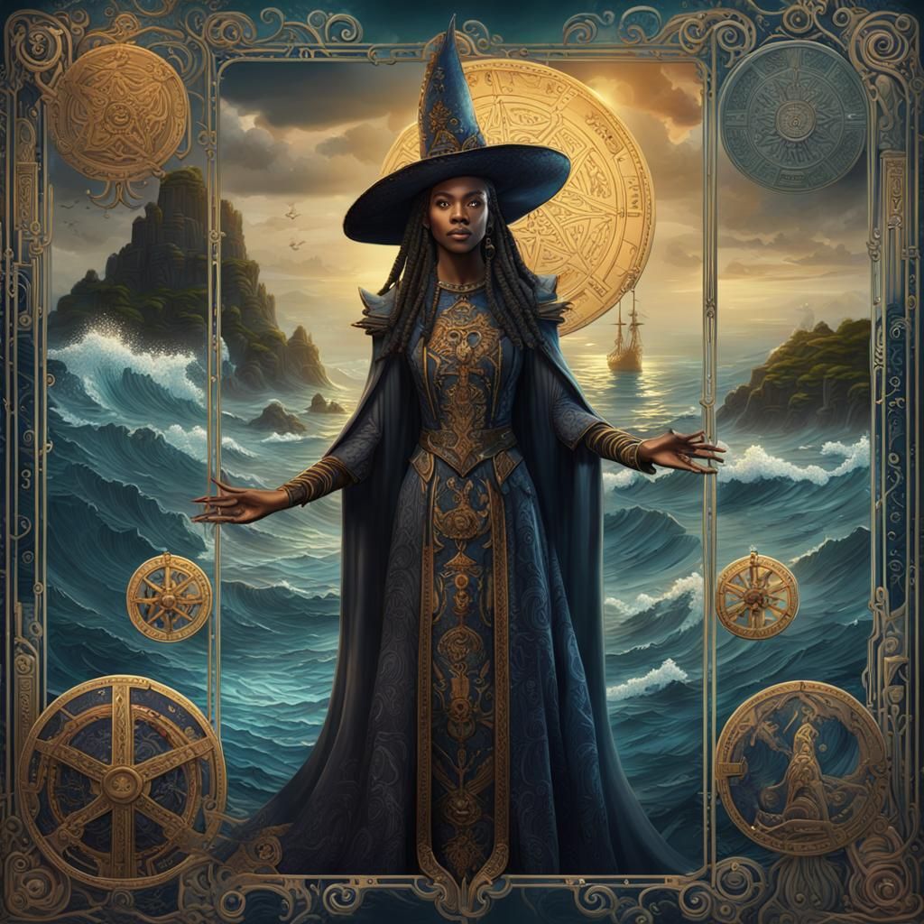 Caribbean Sea Witch and Tarot Card in Detailed Painting