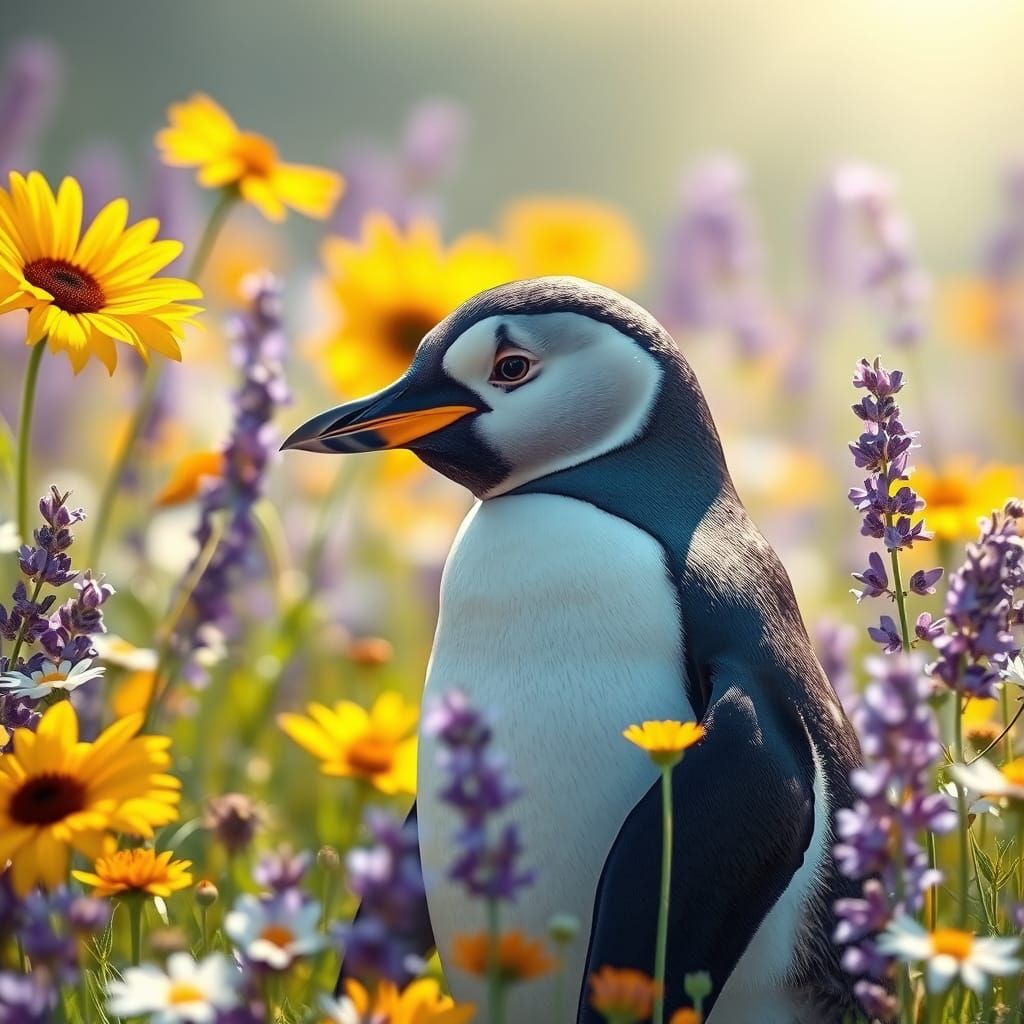 Penguin Amidst Vibrant Wildflowers in Soft Light
