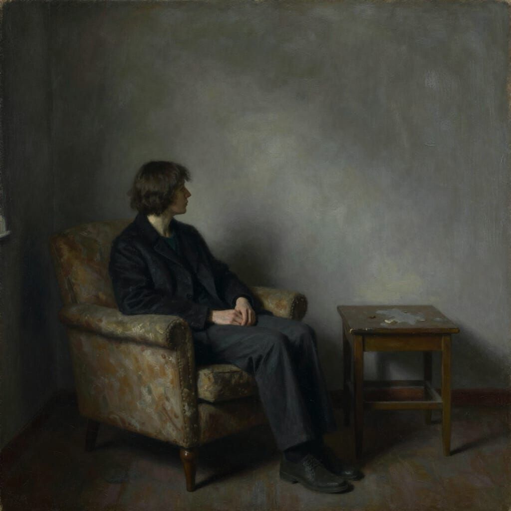Man in Dim Room Stares at Wall in Oil Painting Style