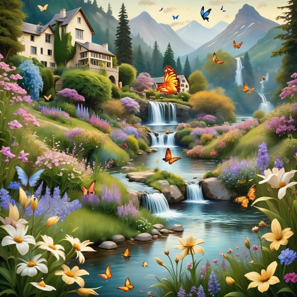 "Water birds, elegant country house, butterflies, waterfall, lush wild flowers, mountain river in the style of artists H...