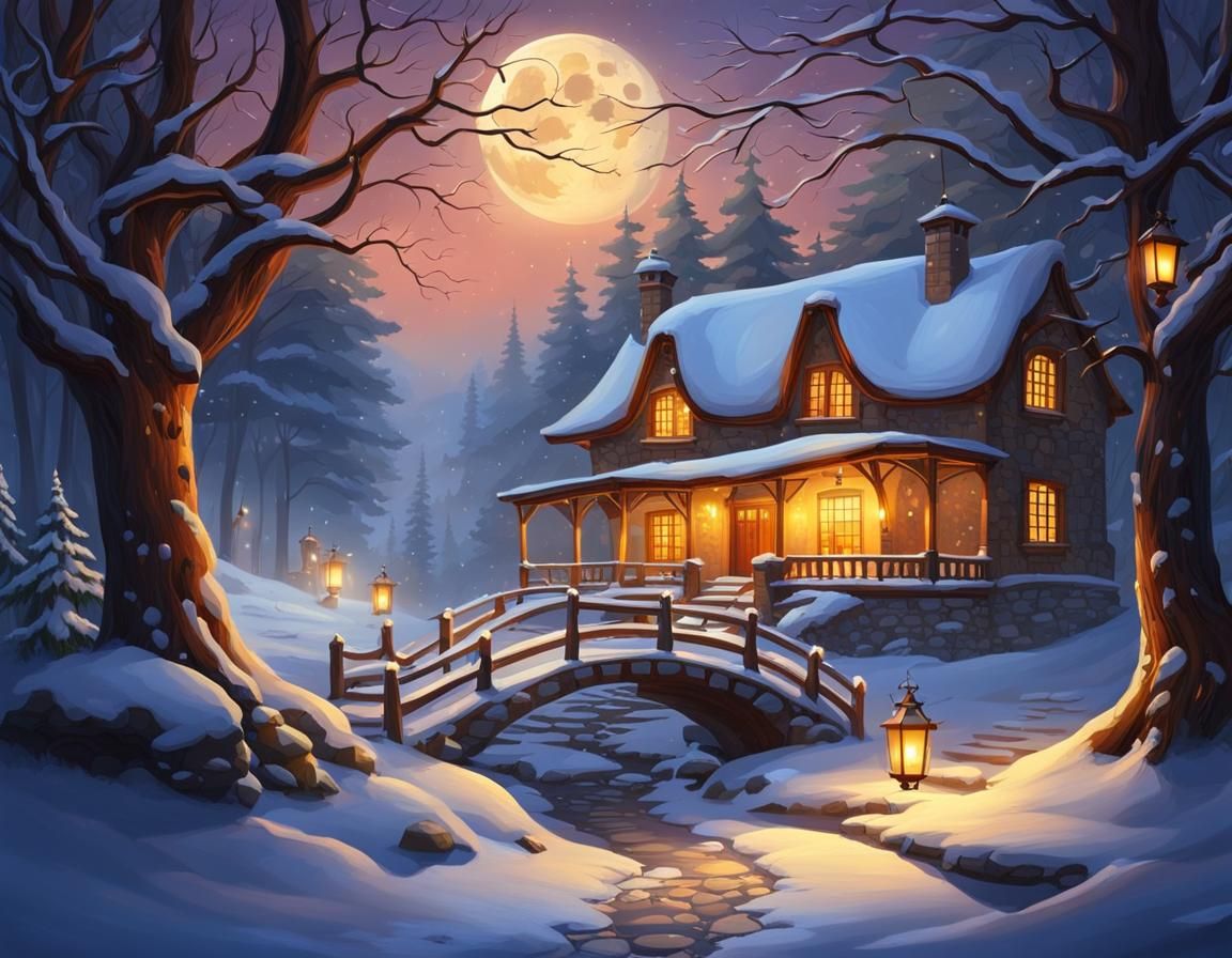 Cozy Forest House in Winter Snow Under Moonlight