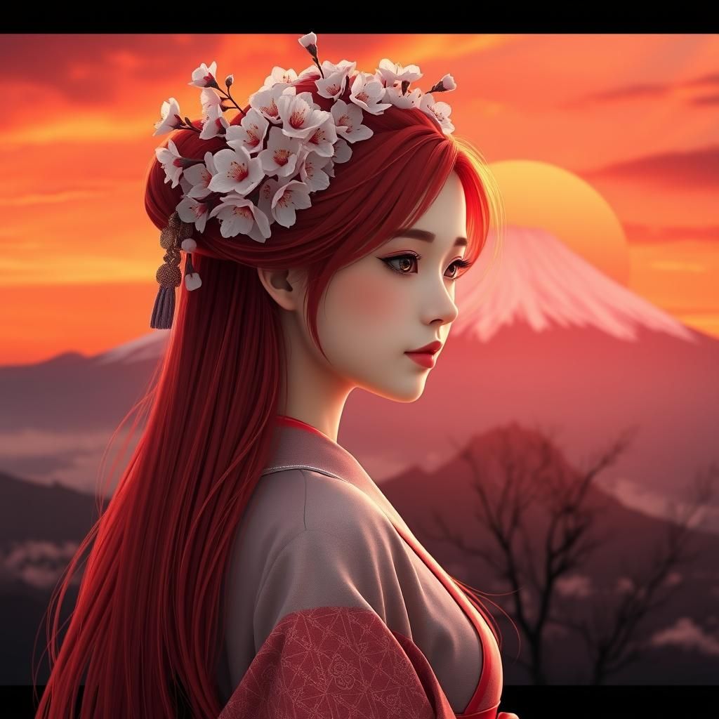 Japanese Girl with Cherry Blossoms and Mount Fuji