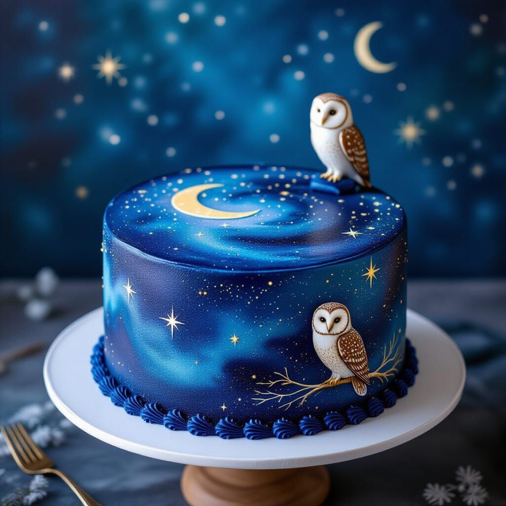 Magical Night Sky Cake with Owls and Sparkles