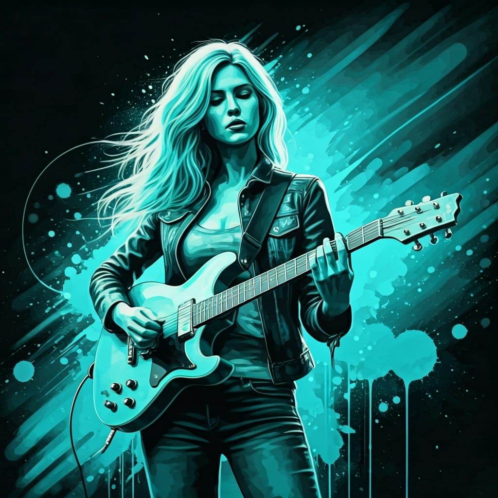 Vibrant Turquoise Musician Amidst Dynamic Graffiti Art