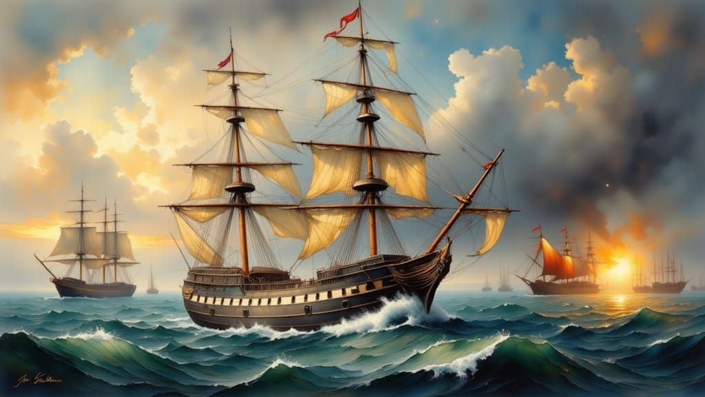 USS Constitution Battles Pirate Sloop in Antique Watercolor
