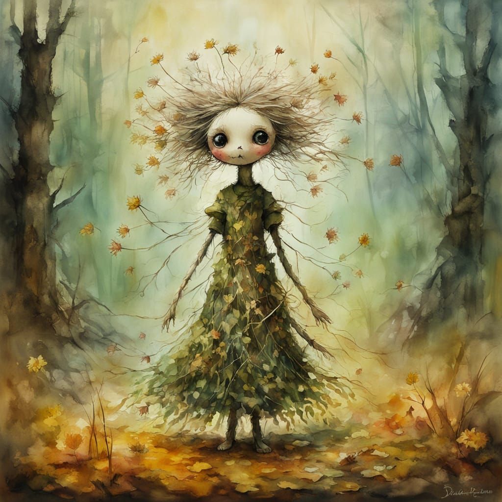 Mysterious Autumn Spirit Dances with a Ferret Amidst Vibrant...