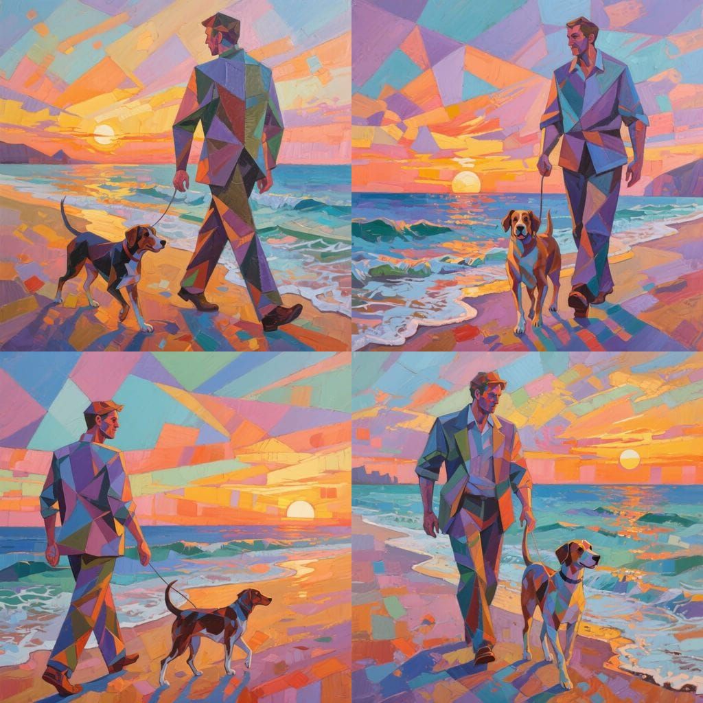 Man and Dog on Beach at Sunset, Abstract Cubism Style