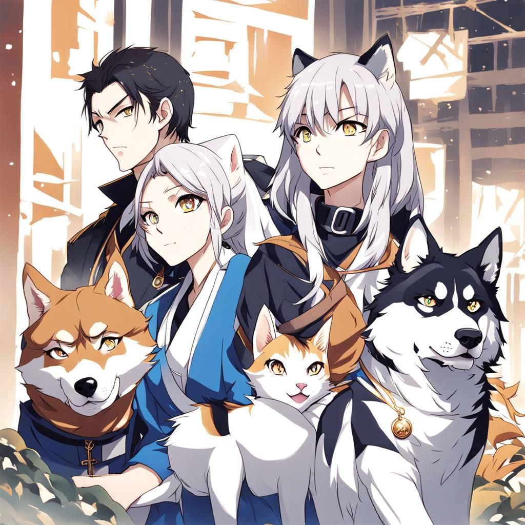 Anime Style Group with Husky and Cat