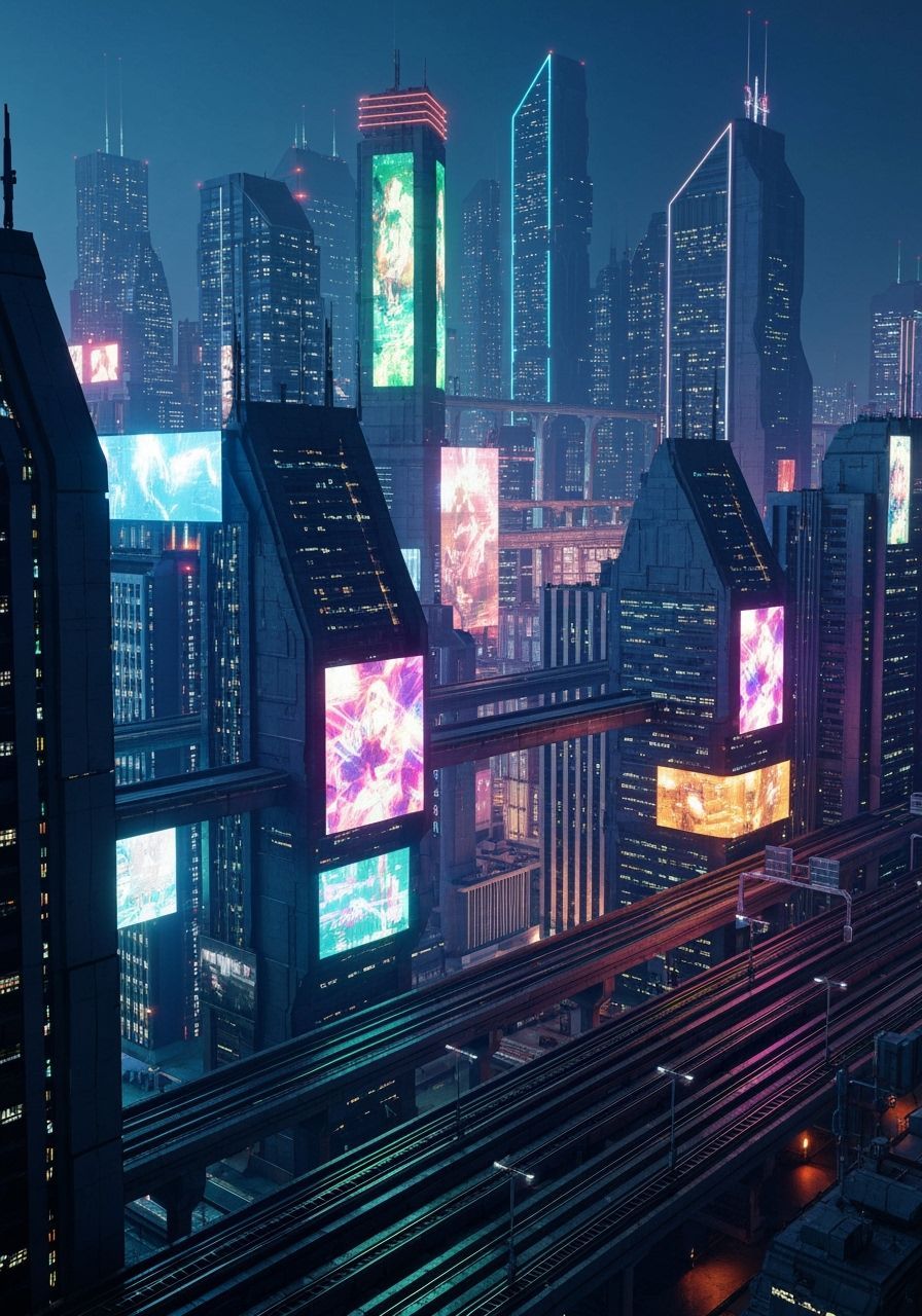 Cyberpunk Cityscape at Night with Neon Lights