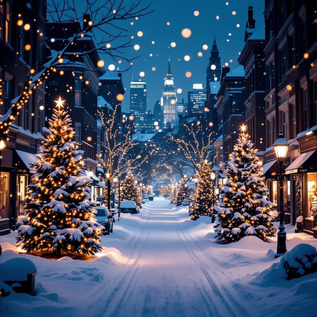 Festive Snowy Cityscape with Twinkling Lights, Cinematic Fil...