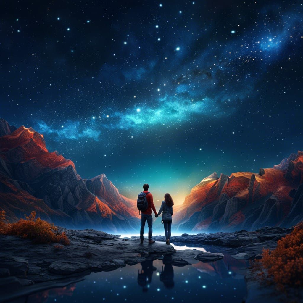 Stargazing Couple Under Vibrant Night Sky