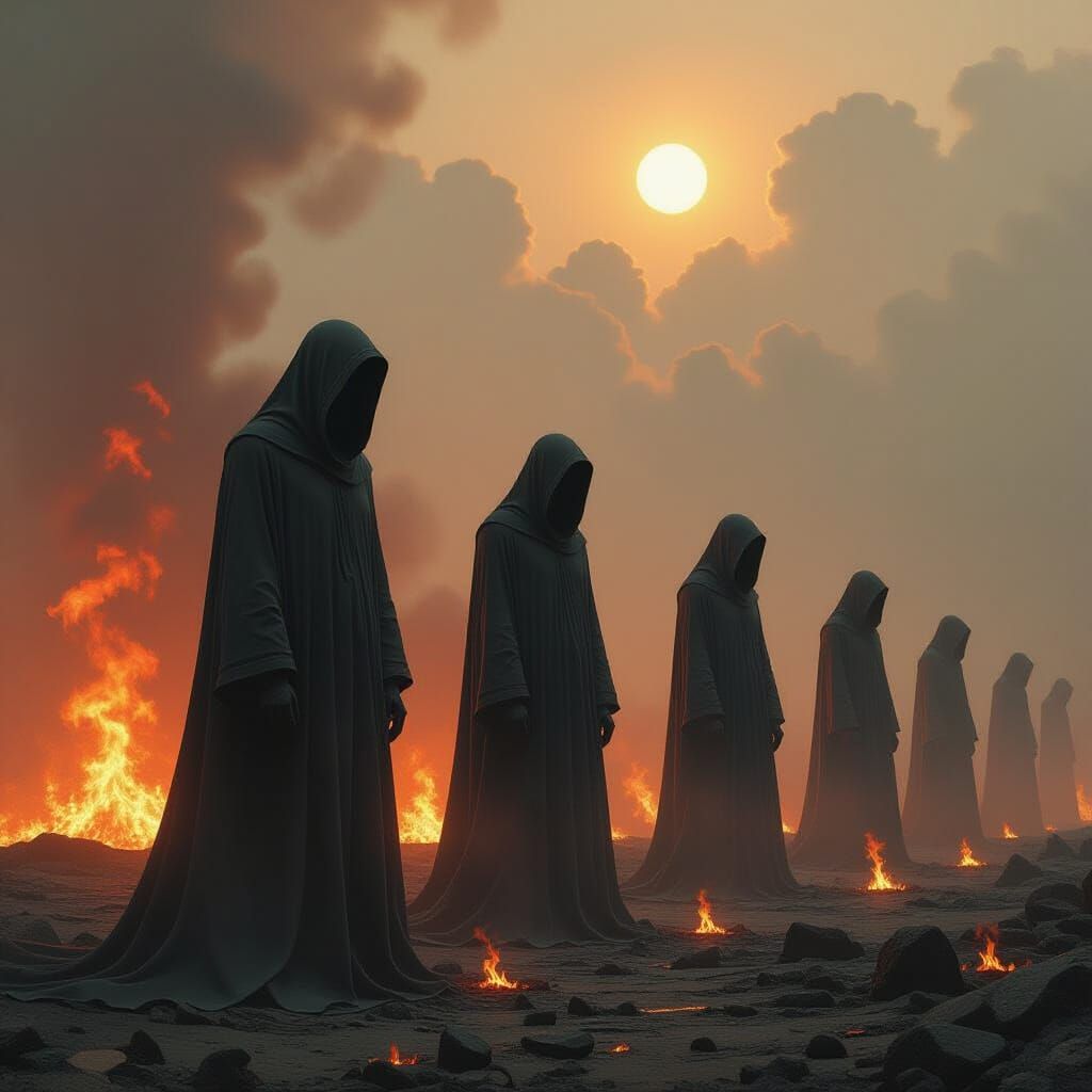 Apocalyptic Figures in Burning Landscape