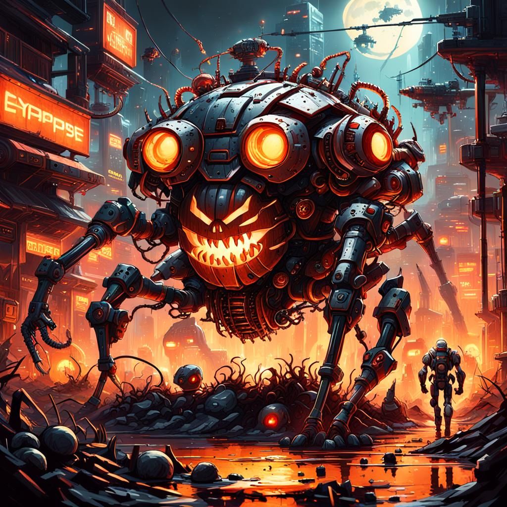 Cyberpunk Pumpkin Mutant Battles Ant Invasion