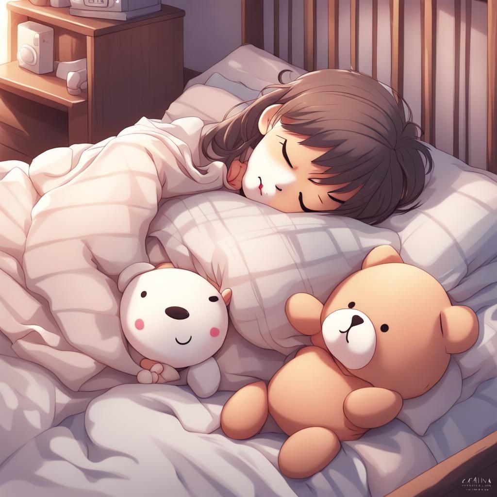 Girl Sleeping with Soft Toy in Anime Style