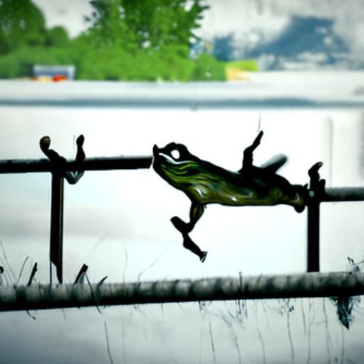 Frog jumping over a fence