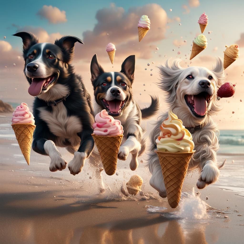 Dogs on Beach with Falling Ice Cream: Digital Art