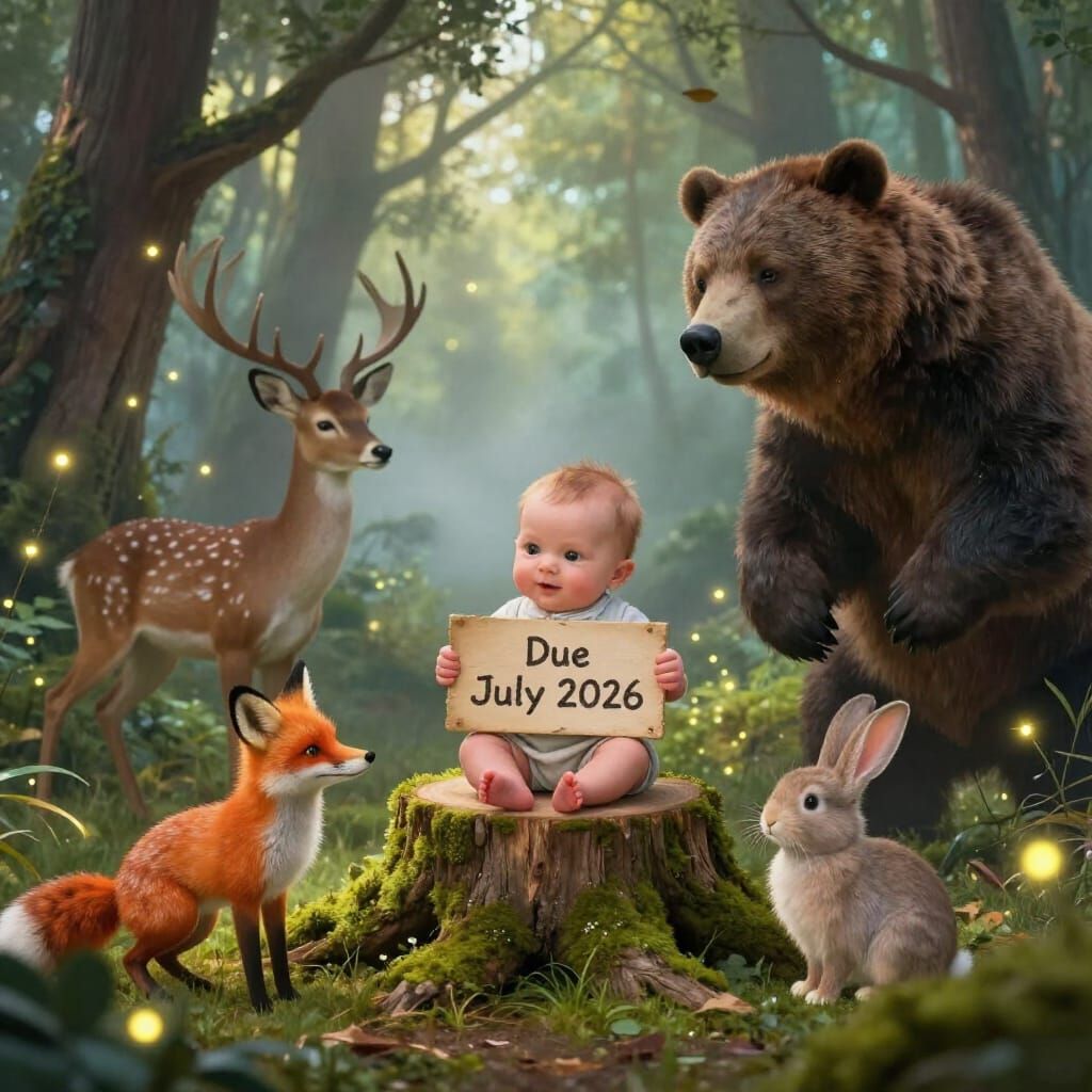 Baby Boy Surrounded by Forest Animals in Ethereal Fantasy St...