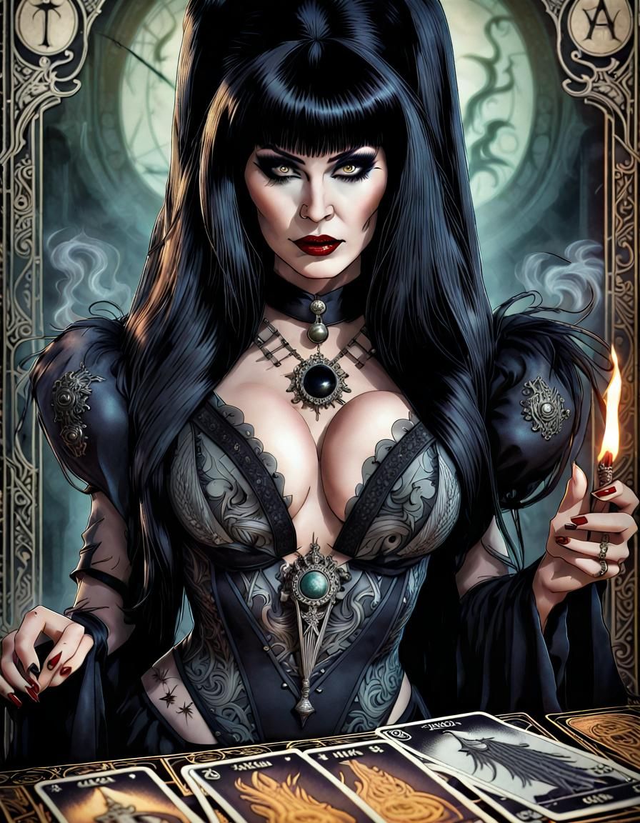 Elvira Cosplay Tarot Card in Cinematic Style