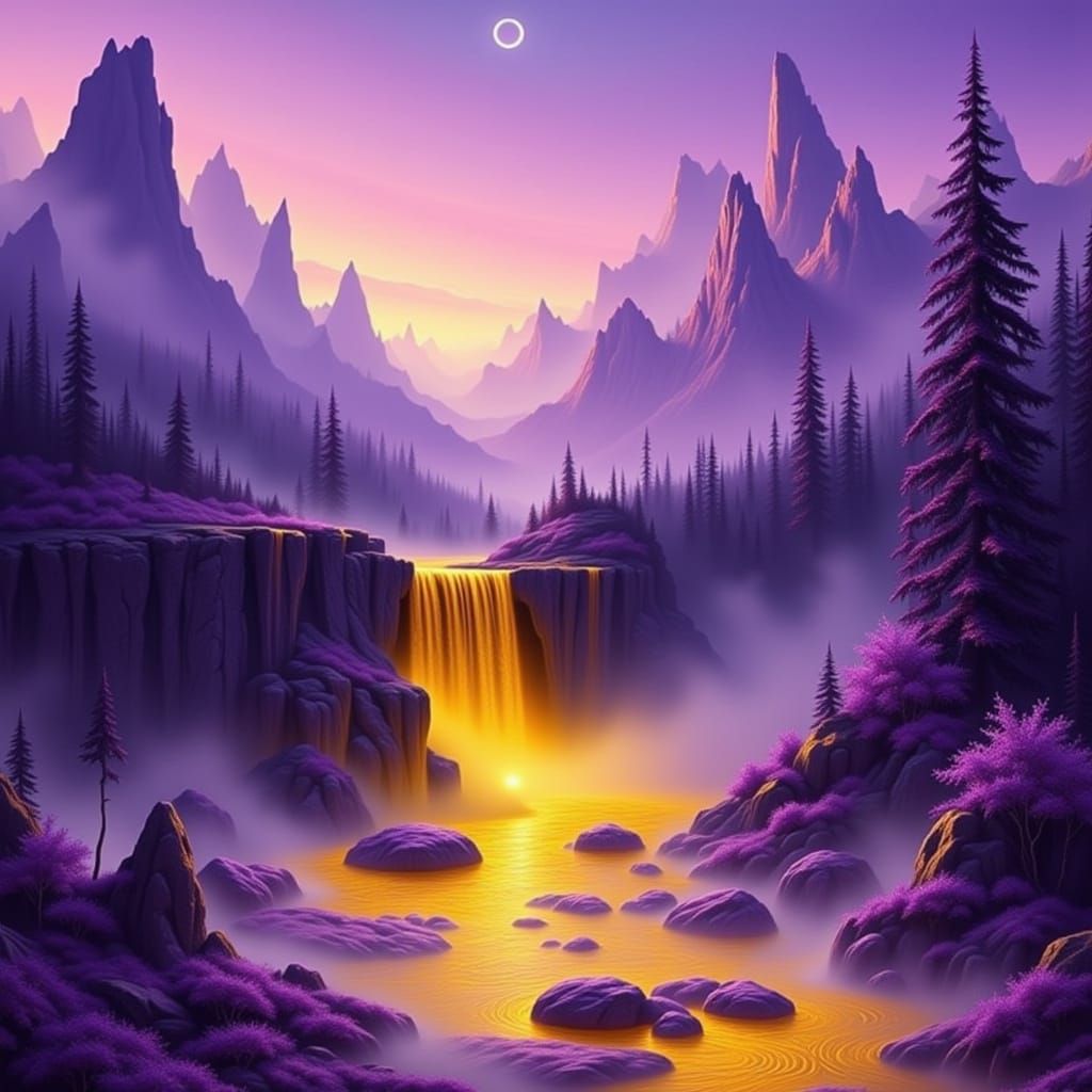 Ethereal Dreamscapes: Molten Gold Falls in a Lavender-Hued R...