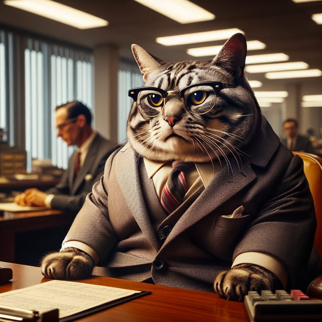 Sophisticated Feline Accountant in 1950s Office