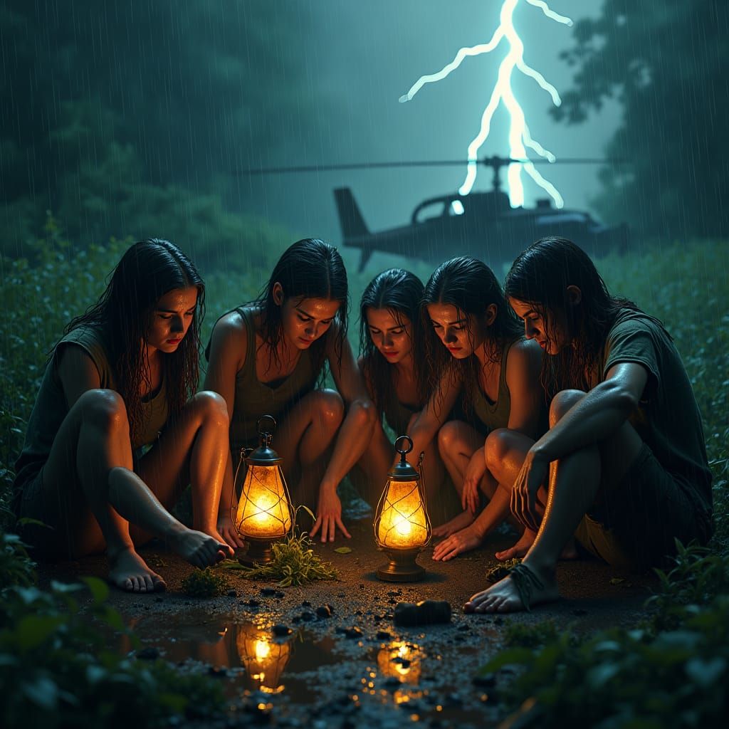 Crash Survivors Huddle in Storm, Greg Rutkowski Style