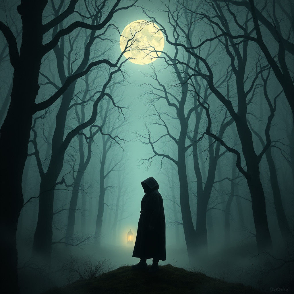 Mystical Figure in Moonlit Forest, Ethereal Landscape